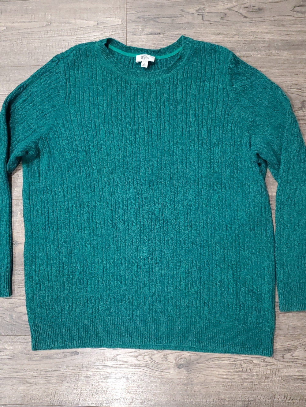 Kim Rogers Teal Green Cable Crewneck Sweater 100% Cotton